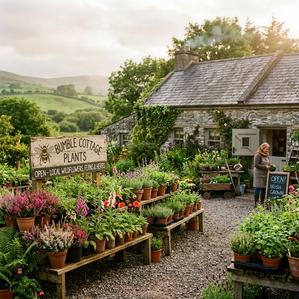 A view of the polytunnels and drumlins surrounding Bumble Cottage